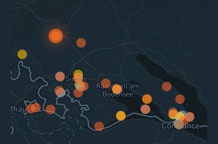 Karte des Kirchenbezirks Konstanz mit orangenen Punkten als Markierung der Orte